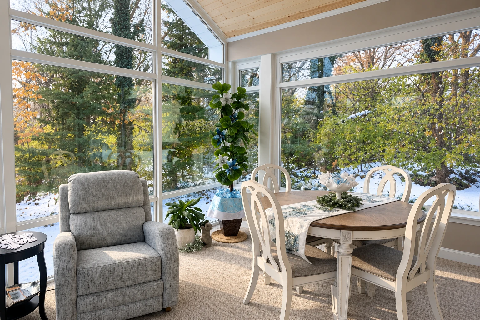 A bright four-season sunroom has tall white-framed windows, a wood ceiling, and a dining table beside a gray armchair.