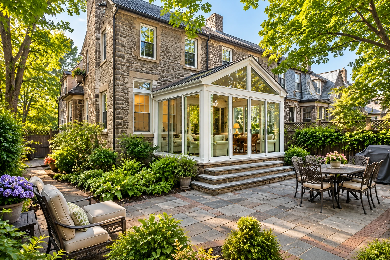A custom sunroom with a white-framed glass gable attached to a stone house, opening onto a landscaped patio.