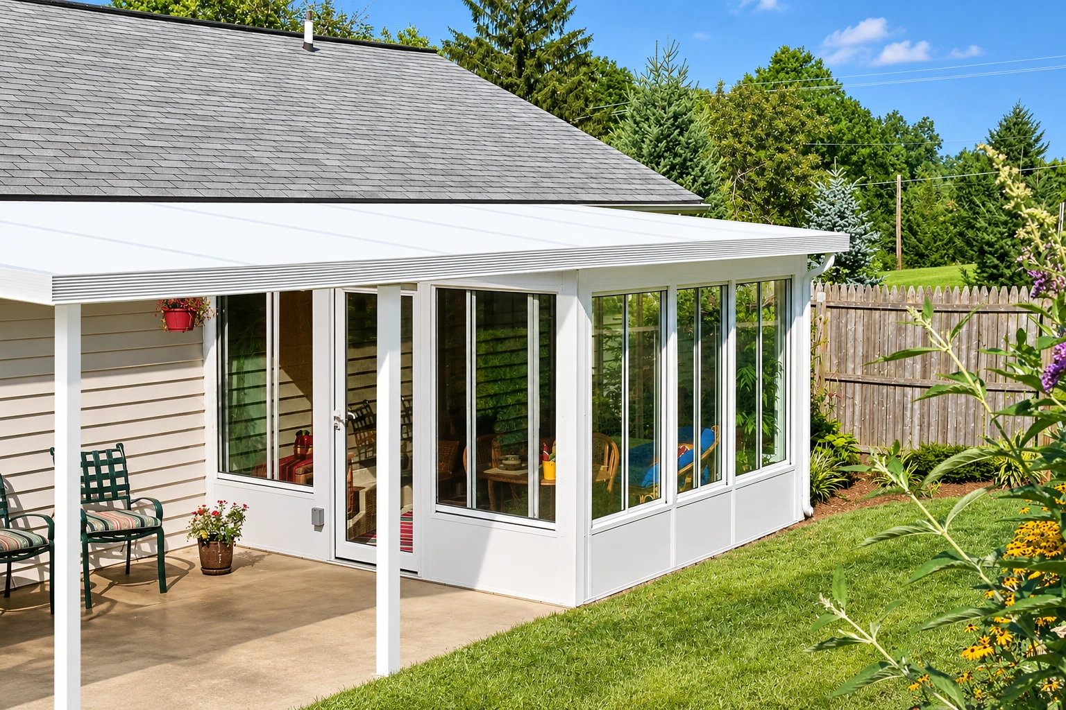 White-framed sunroom addition with broad windows and a low white roof beside a grassy yard and wooden fence.