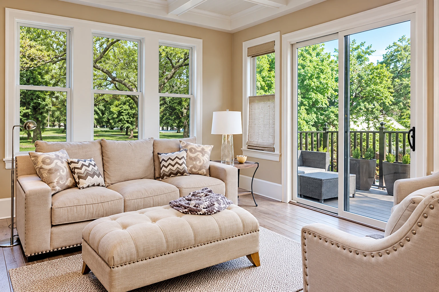 A finished sunroom with beige seating and large windows opens through sliding glass doors onto a deck.