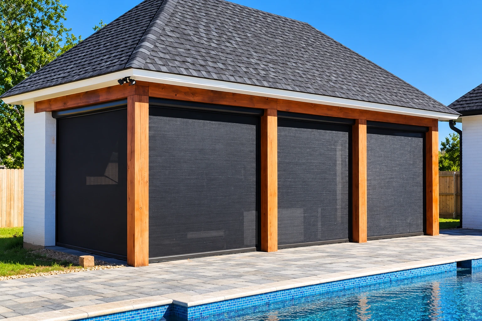 A covered patio enclosure beside a swimming pool has dark mesh panels framed by warm wood posts beneath a shingled roof.