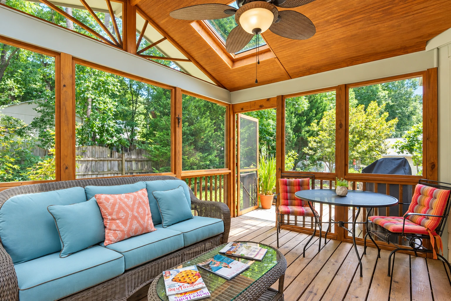 A wood-framed enclosed patio has a vaulted ceiling, ceiling fan, large windows, sofa and dining set.
