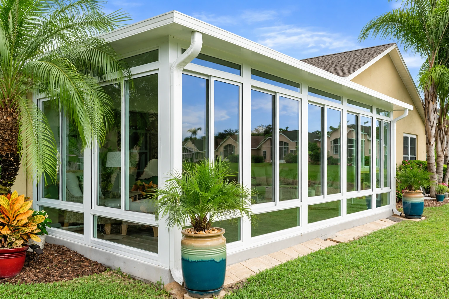 White-framed four-season sunroom with large windows beside a lawn, palm trees, and potted plants.