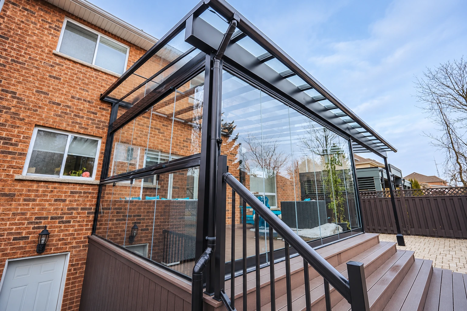 Glass patio enclosure with a dark metal frame and clear roof panels, attached to a brick house above a wooden deck.