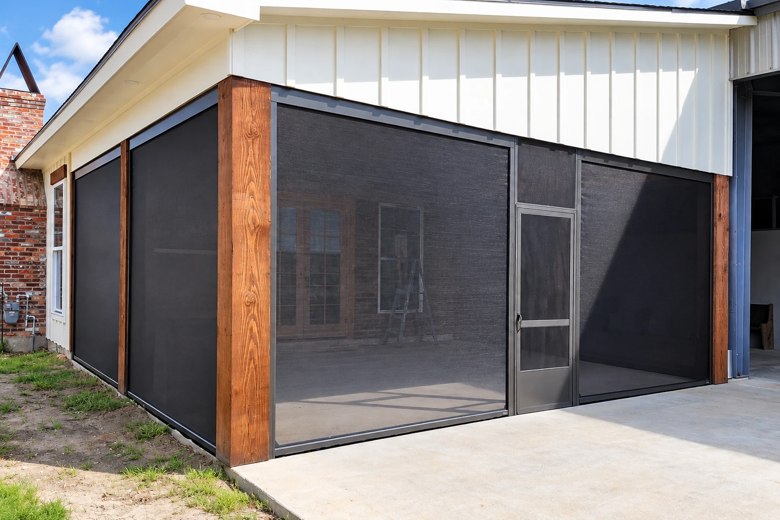 A patio enclosure with large dark mesh screens and a central screen door beneath a white roof.