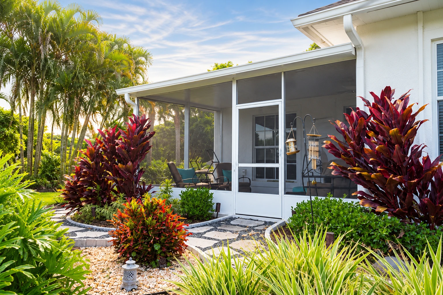 A screened patio enclosure with a white frame and central door sits among tropical landscaping.