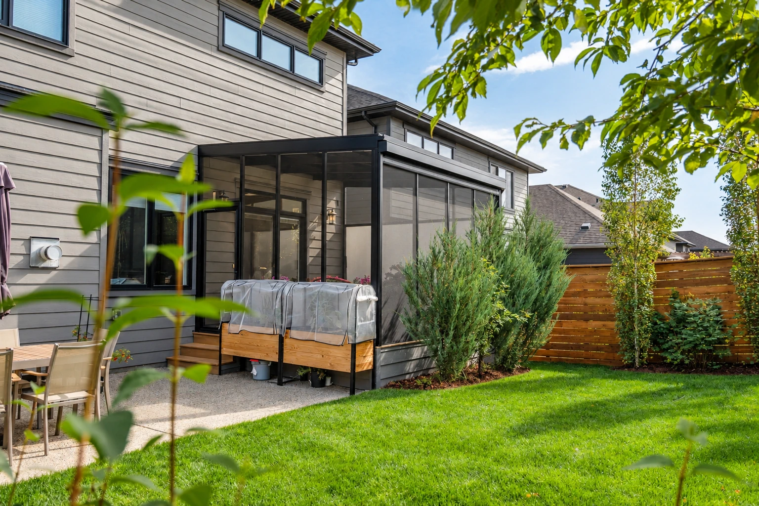 A dark-framed glass sunroom extends from a gray-sided house beside a green lawn and wooden garden fence.
