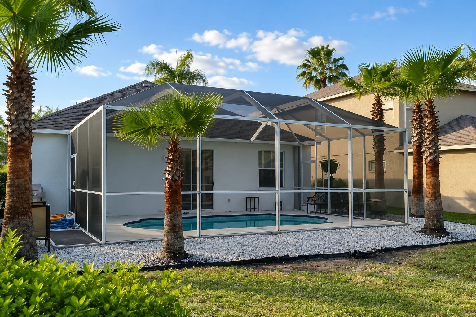 A screened pool enclosure with a peaked aluminum frame stands among palm trees beside a house.