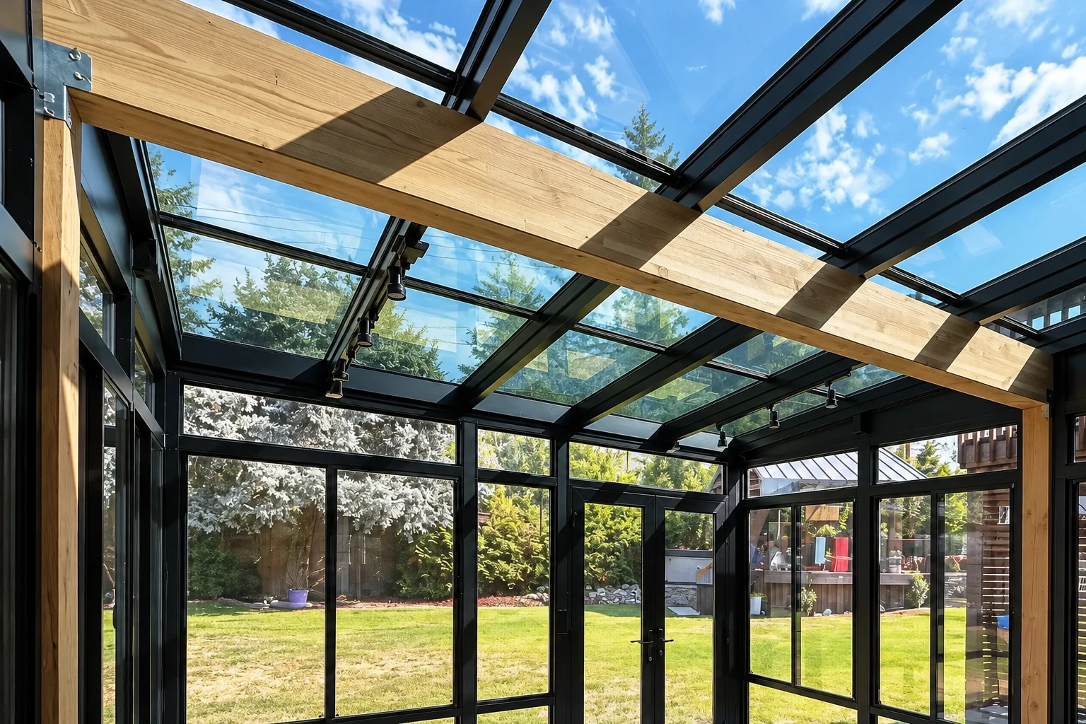 A solarium interior features a glass roof and walls supported by black metal framing and exposed wood beams.