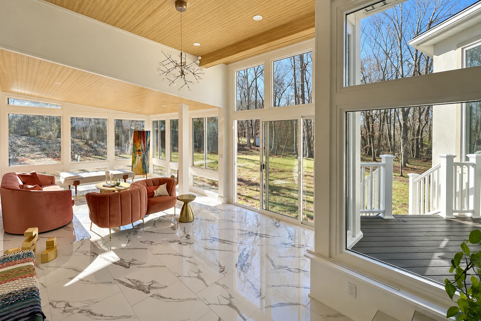 Sunroom addition with a wood-paneled ceiling, marble-look tile floor, and tall windows overlooking a wooded yard.