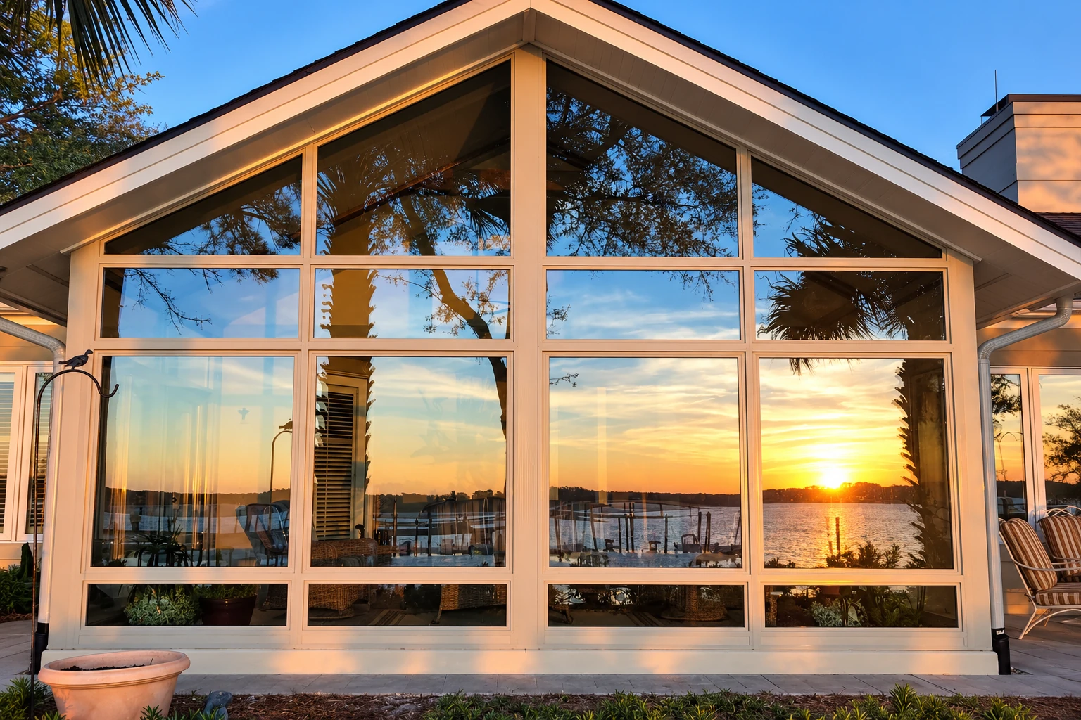 A white, gabled sunroom with a large grid of windows reflects a sunset over the water.