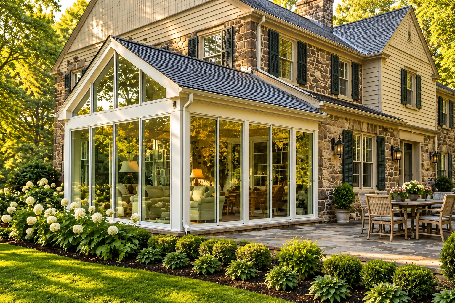 White-framed glass sunroom addition on a stone-and-siding house, opening onto a landscaped patio.