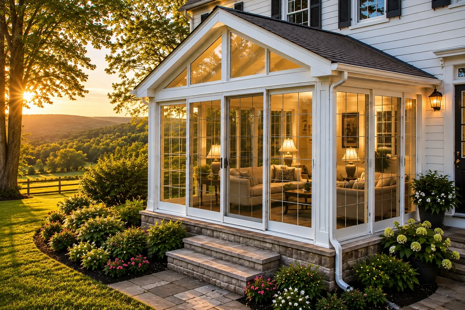 A white-framed sunroom addition glows at sunset, with large glass windows, a gabled roof, and stone steps.