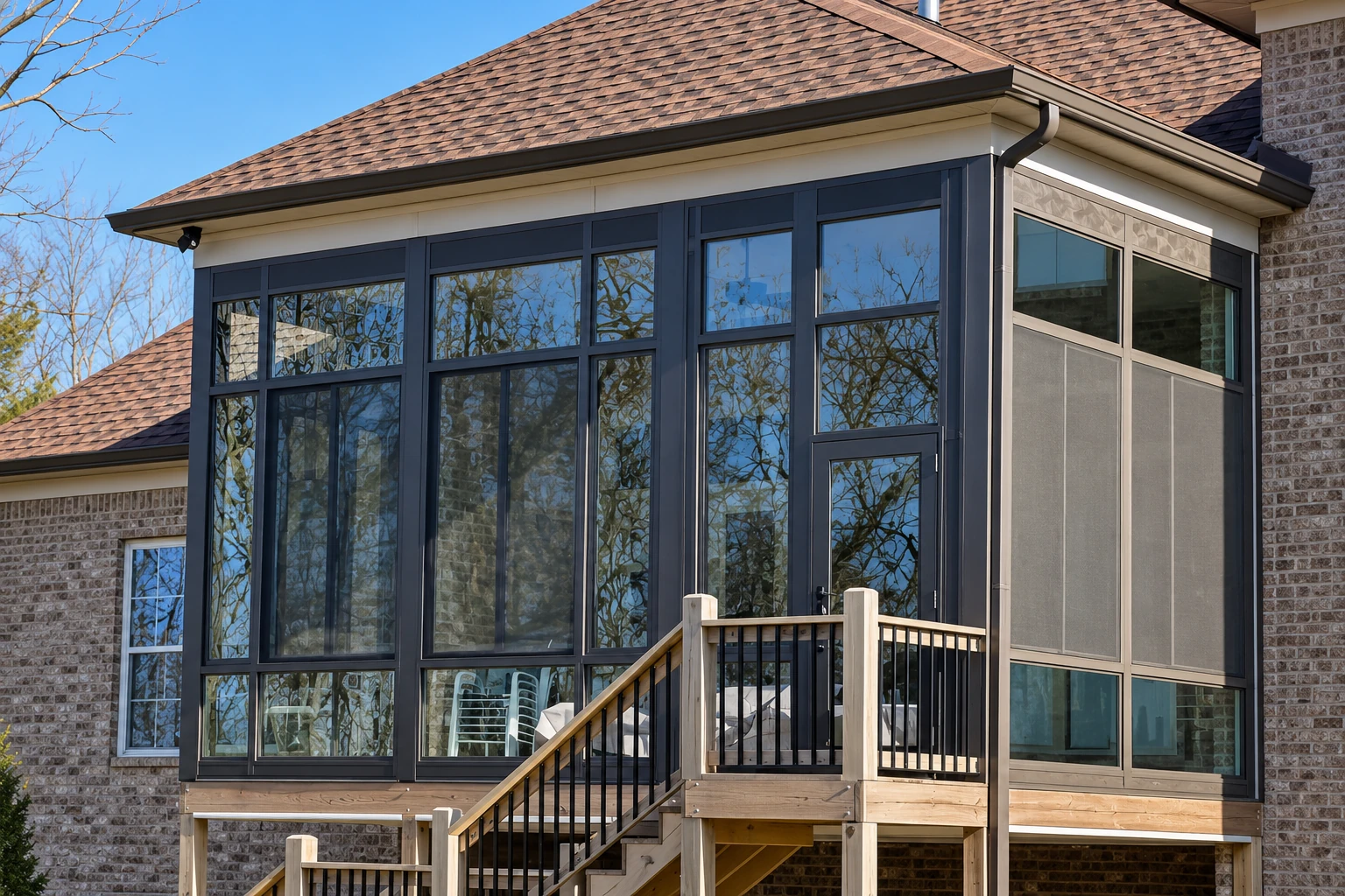 A modern sunroom with dark window frames and reflective glass sits above a wooden deck and stairs.